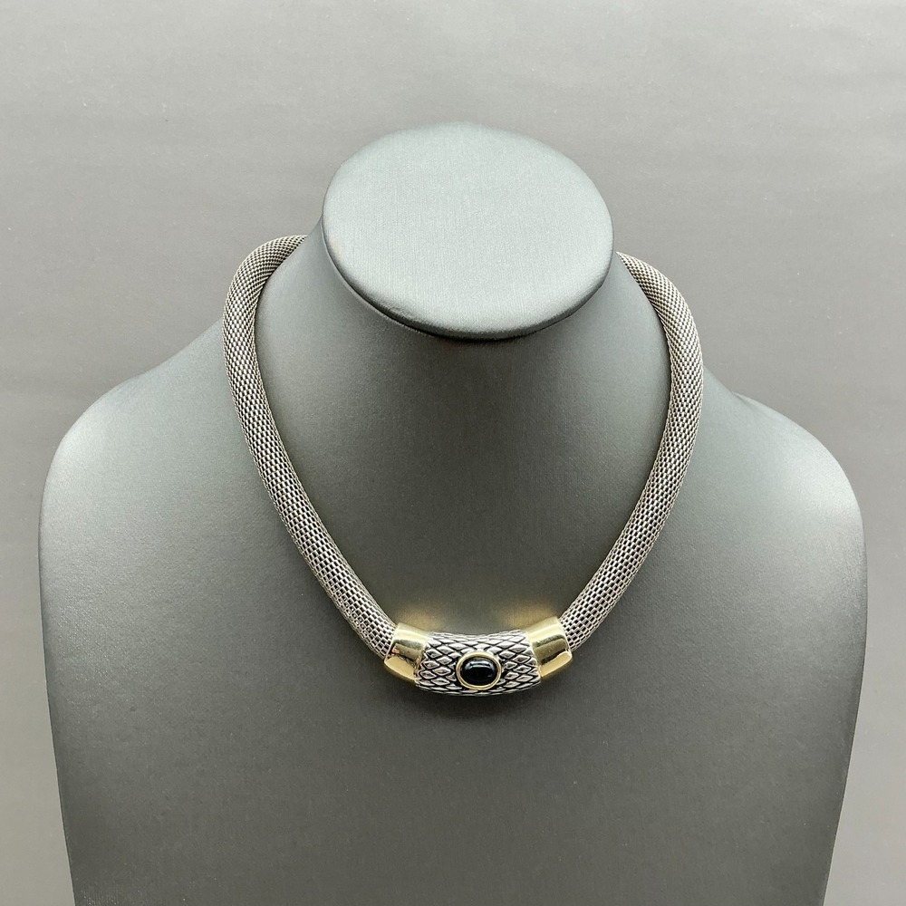 Two Tone Mesh Collar Necklace Black Cabochon Magnetic‎ Clasp Statement Necklac
